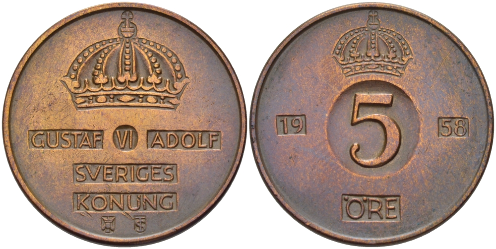 Швеция 5 эре 1958 T;S, Густав VI Адольф (1950-1973) KM 822 бронза 32-1143