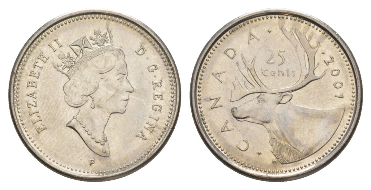 Канада 25 центов 2001 Елизавета II (1952-2022), олень KM 184b сталь плакированная никелем UNC 4631-656