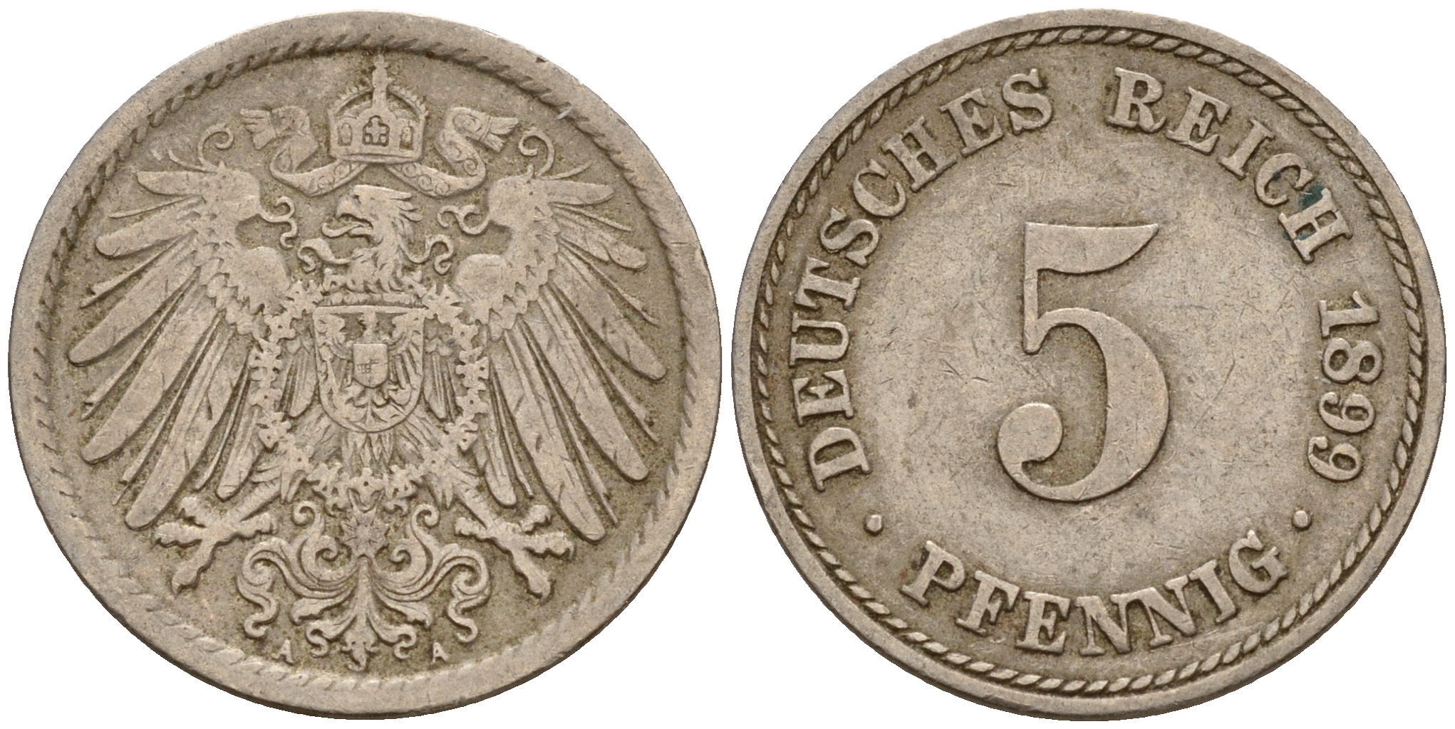 Германия 5 пфеннигов 1899 A J.12, KM 11 медно-никель    4598-1124