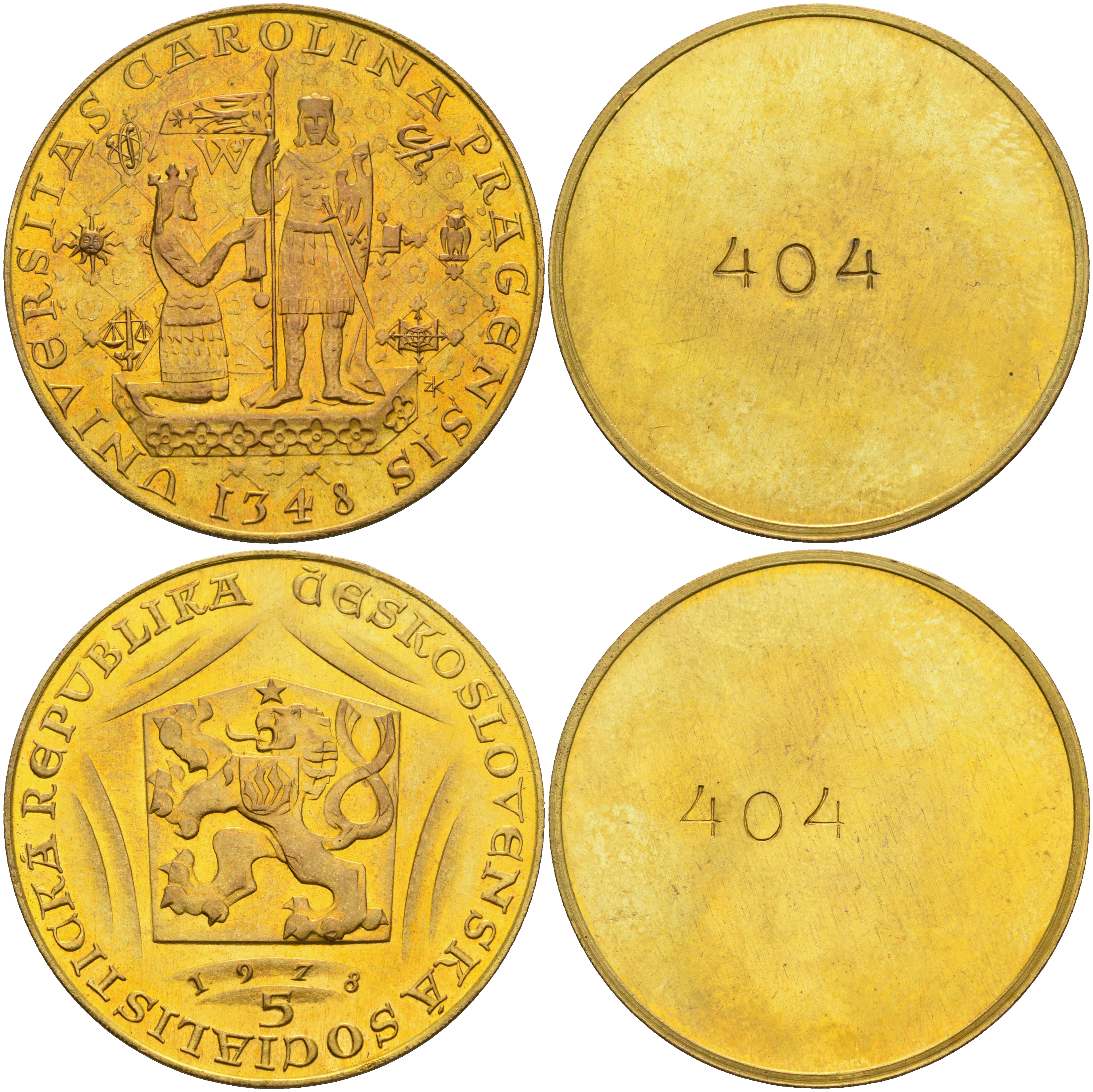 Чехословакия 5 дукат (односторонний чекан) 1978 600 лет со дня смерти Карла IV (1378-1978) KM M30 позолоченная латунь UNC 00-805-24