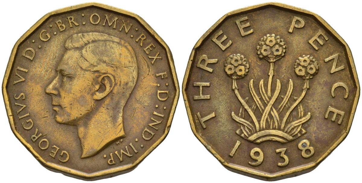 Великобритания 3 пенса 1938 Георг VI (1936-1952) KM 849, Spink 4112 никель латунь 4153-717