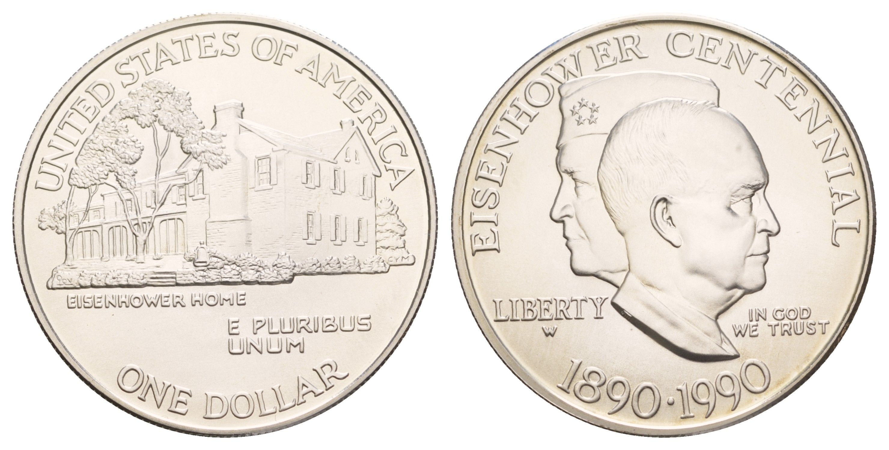 США 1 доллар 1990 W, 100 лет со дня рождения Эйзенхауэра, в оригинальной коробке, с сертификатом KM 227 серебро BU 2-4-2-14