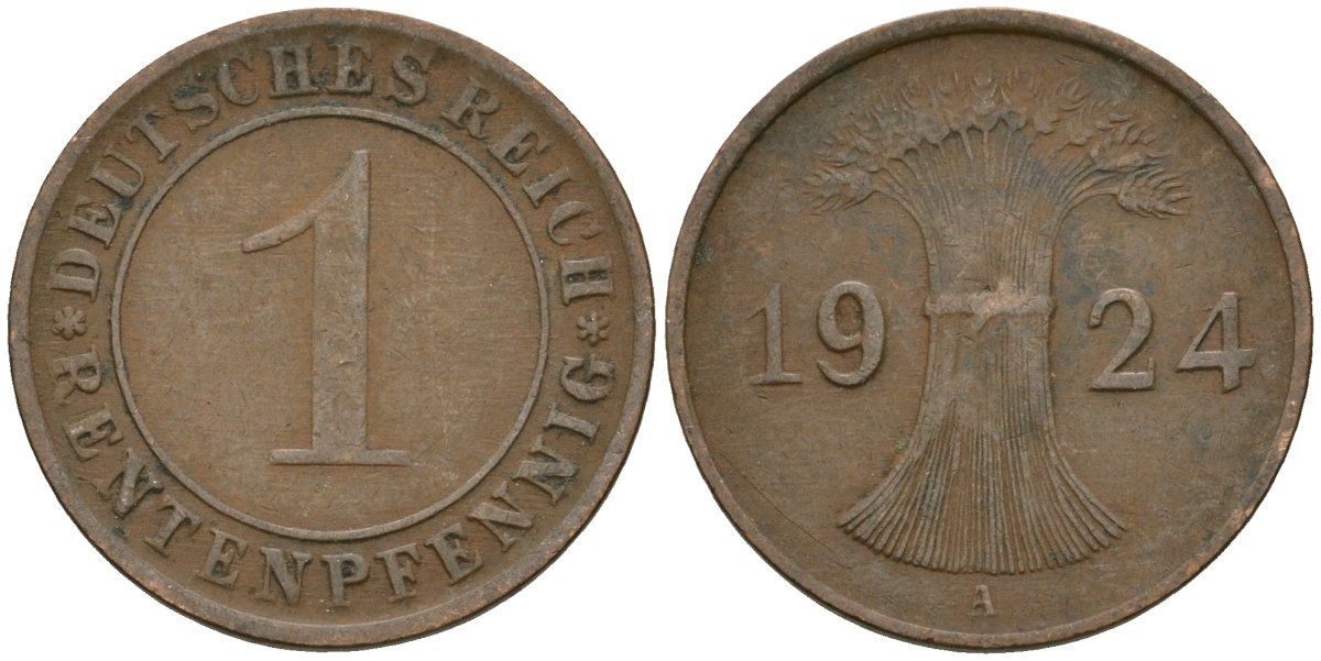 Германия 1 рентенпфенниг 1924 A KM 30, J. 306 бронза 4608-317