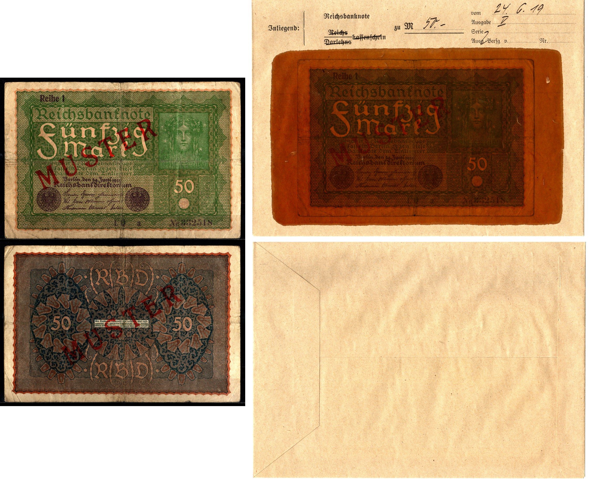 Германия 50 марок 1919 24 июня, MUSTER, образец, Specimen. В оригинальном банковском конверте. Из коллекции Отто Сейфферта (помощник Ялмара Шахта - министра экономики Германии и президента Рейхсбанка времен третьего рейха) Pick 66 s, Grabowski DEU 71 a бу