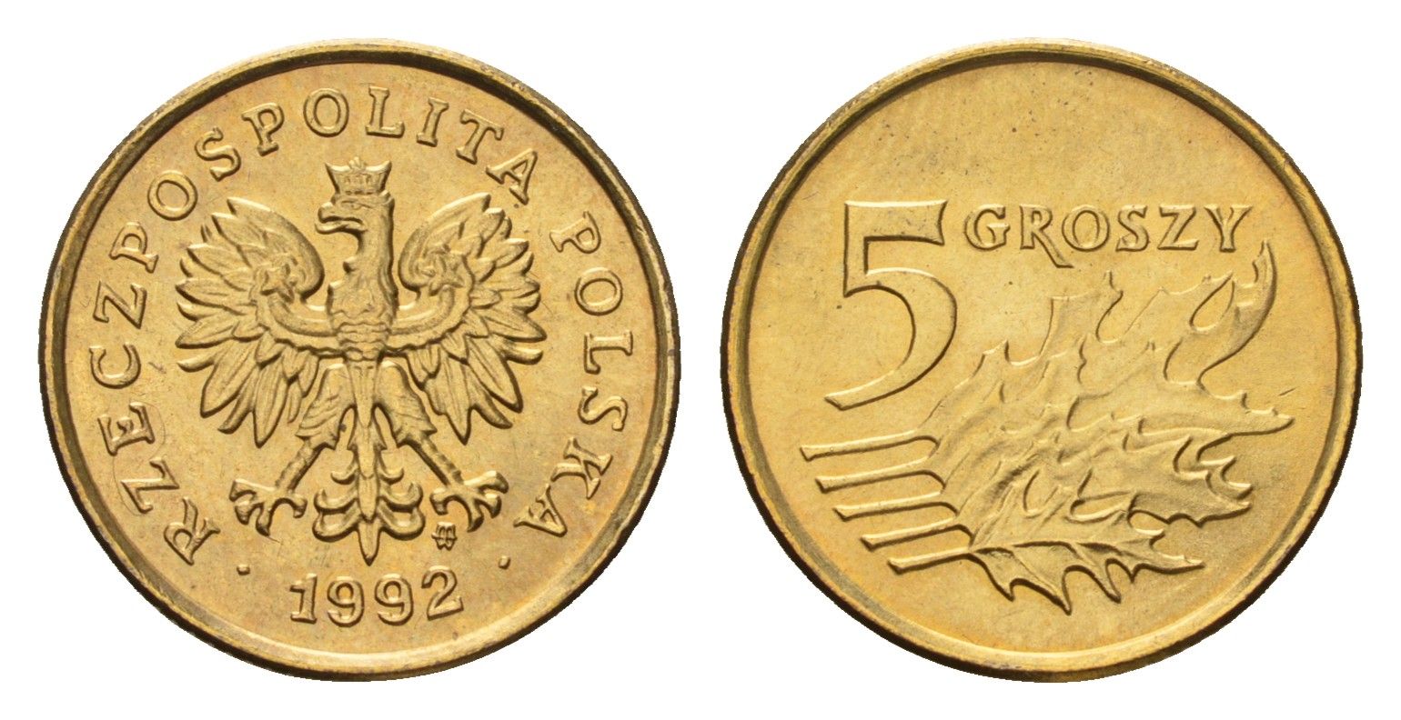 Польша 5 грошей 1992 Y 278 латунь UNC 4615-521