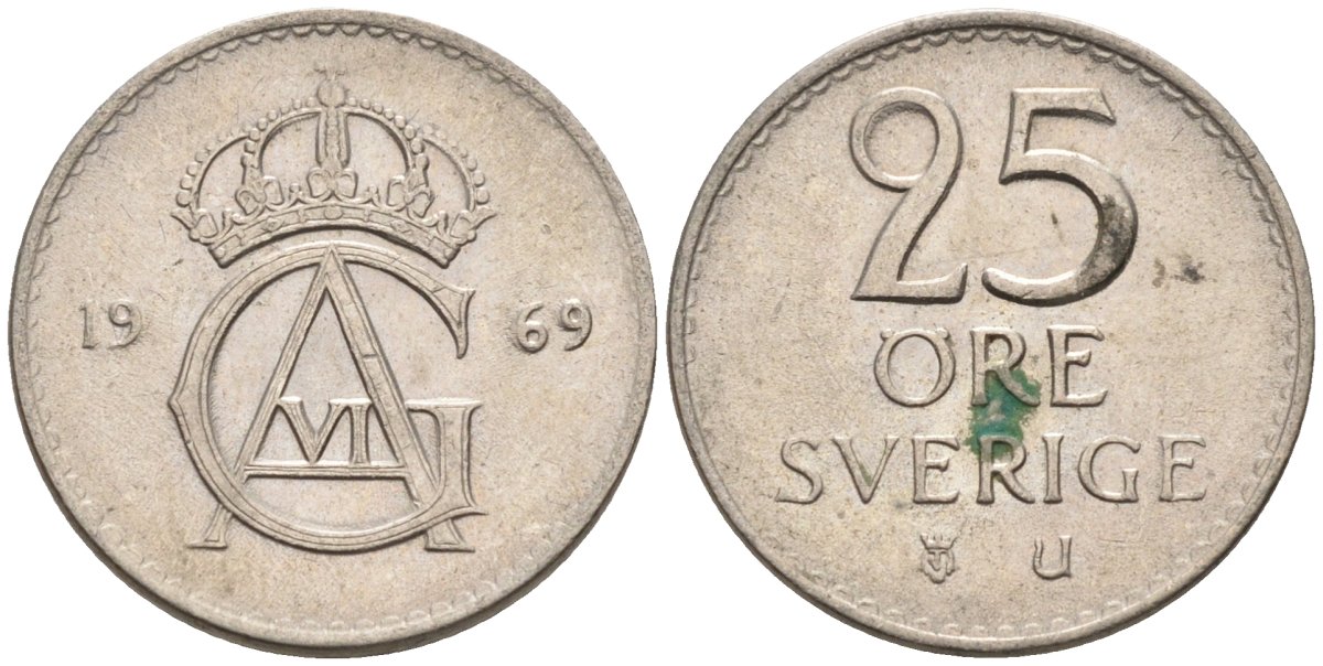 Швеция 25 эре 1969 Густав VI Адольф (1950-1973) KM 836 медно-никель UNC 4585-467