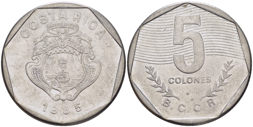 Коста-Рика 5 колонов 1985 B.C.C.R. KM 214.2 нержавеющая сталь 82-946