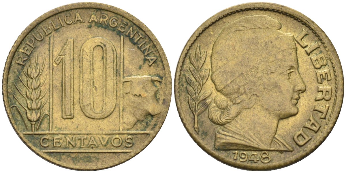 Аргентина 10 сентаво 1948 голова Свободы вправо KM 41 алюминиевая бронза 4594-344