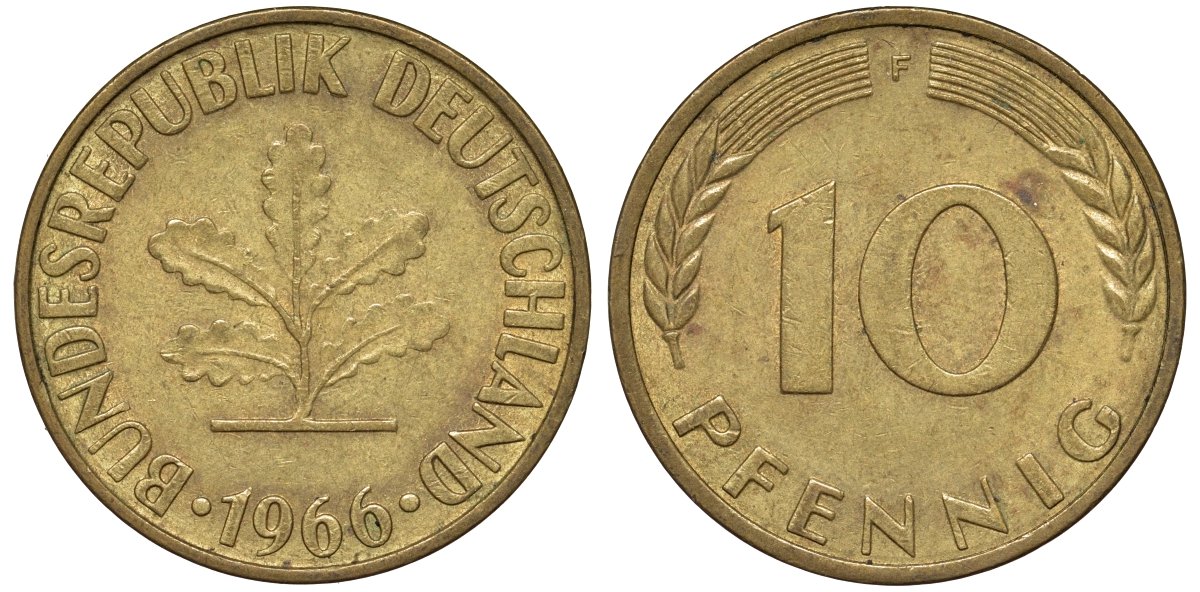 ФРГ 10 пфеннигов 1966 F KM 108, J. 383 сталь плакированная латунью 4132-542