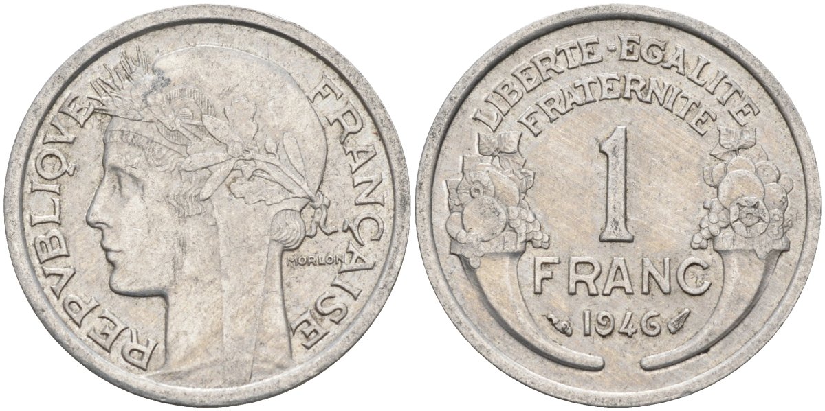 Франция 1 франк 1946 тип Lourde KM 885а, Le Franc 221.9 алюминий 4126-856