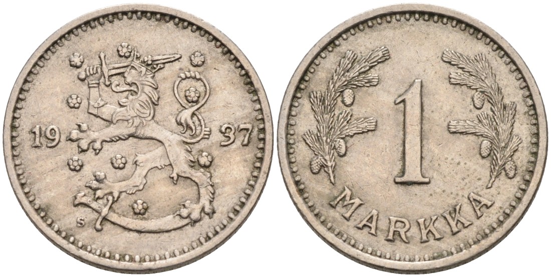 ФИНЛЯНДИЯ 1 МАРКА 1937 S KM 30 медно-никель 4563-637