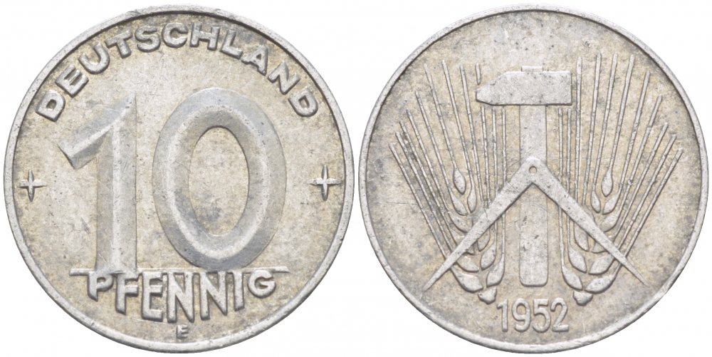 ГДР 10 пфеннигов 1952 E KM 7 алюминий 77-811