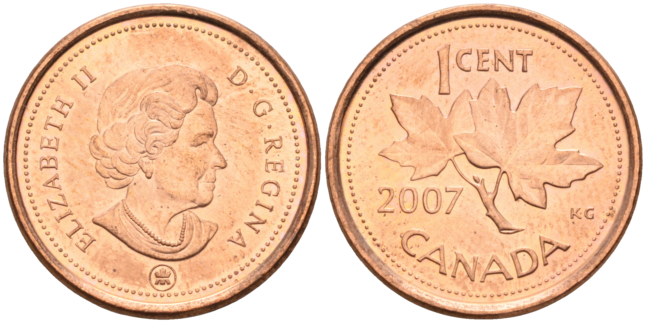 Канада 1 цент 2007 ML, Елизавета II (1952-2022), кленовый лист KM 490а сталь плакированная медью 4147-334