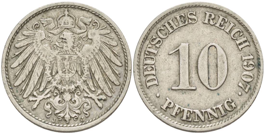 Германия 10 пфеннигов 1907 J KM 12, Jager 13, Weege 8 медно-никель 219-135