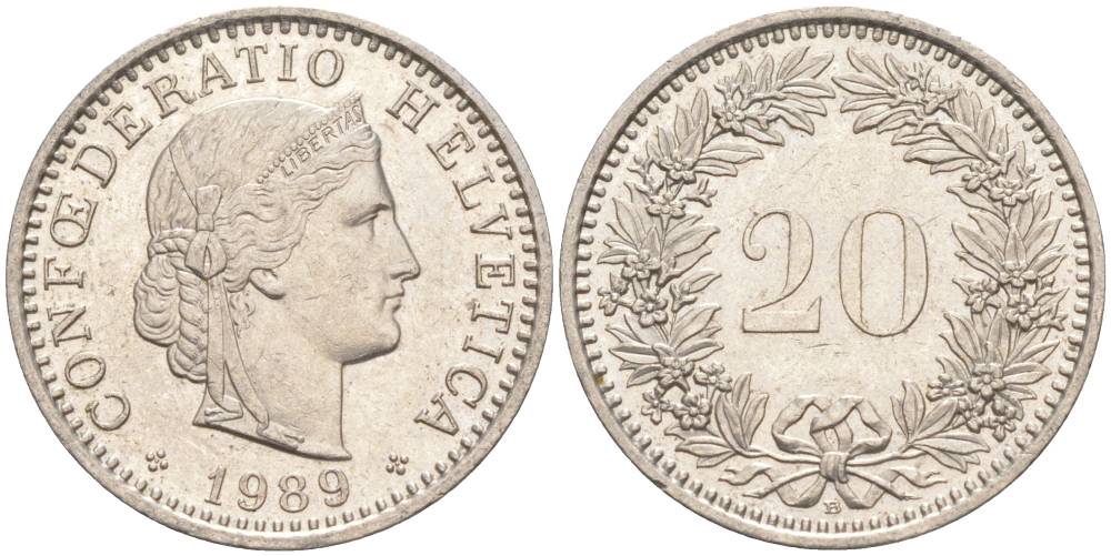 ШВЕЙЦАРИЯ 20 РАППЕНОВ 1989 В KM 29a медно-никель 55-1033