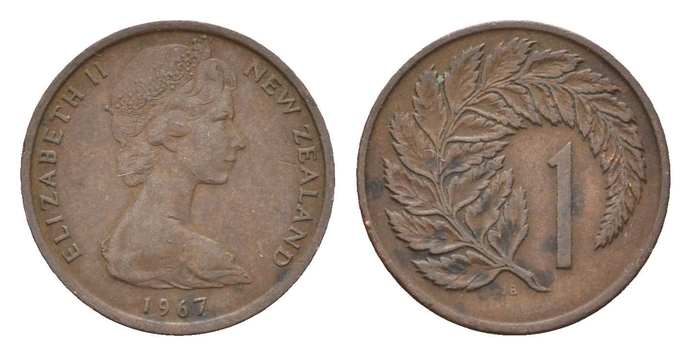 Новая Зеландия 1 цент 1967 Елизавета II (1952-2022), лист папоротника KM 31.1 бронза 4669-617