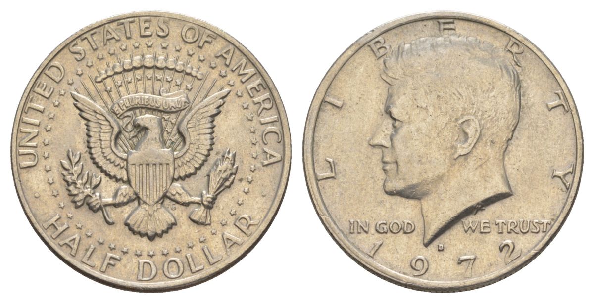 США 1/2 доллара (50 центов) 1972 D, Джон Кеннеди KM 202b медь плакированная медно-никелем aUNC 180-1042