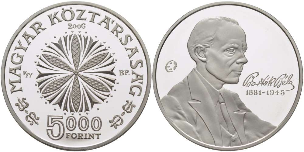 Венгрия 5000 форинтов 2006 125 лет со дня рождения Бела Бартока, композитор KM 791 серебро  PROOF  02-087-14