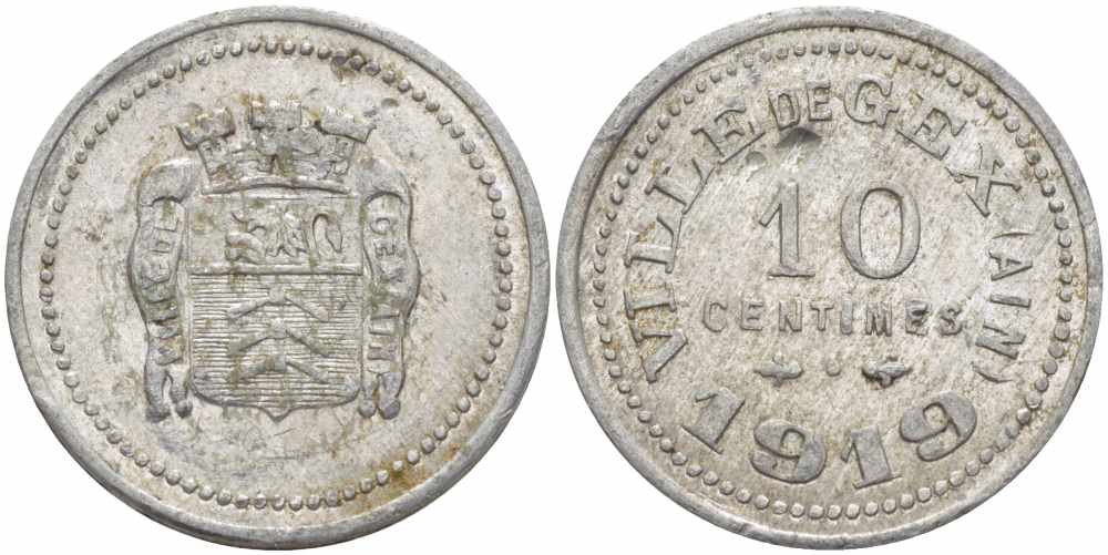 ФРАНЦИЯ 10 САНТИМОВ 1919 VILLE de GEX, ТОКЕН, ГОРОД ЖЕКС Elie 10.2 алюминий 24-852