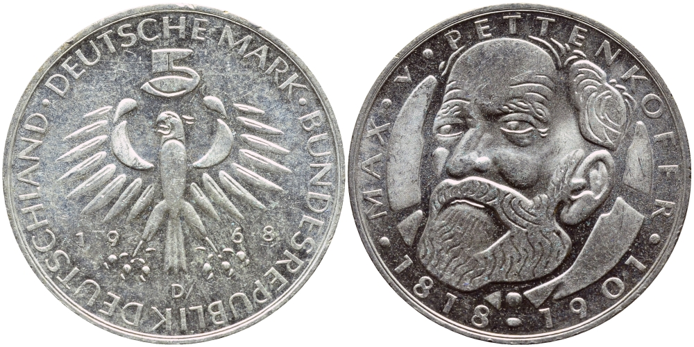 ФРГ 5 марок 1968 D, 150 лет со дня рождения Макса фон Петтенкофера J. 398, KM 123.1 серебро UNC 221-224