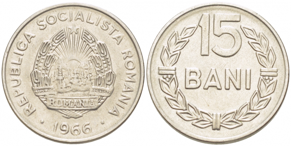 Румыния 15 бани 1966 KM 93 сталь плакированная никелем 116-761
