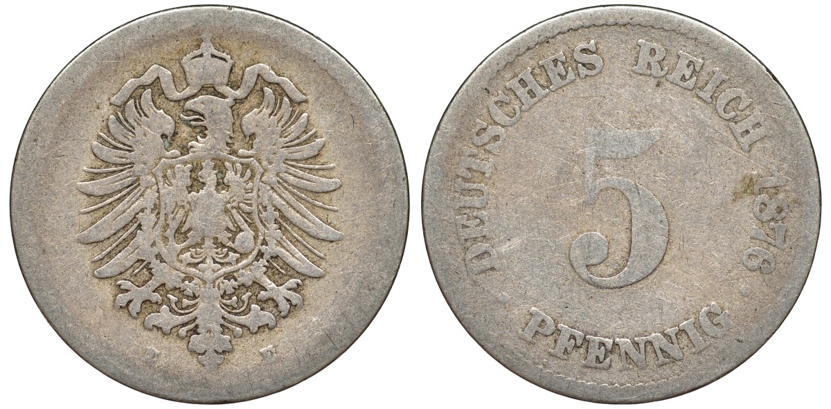 Германия 5 пфеннигов 1876 E, старогербовка KM 3, J. 3 медно-никель 51-3223