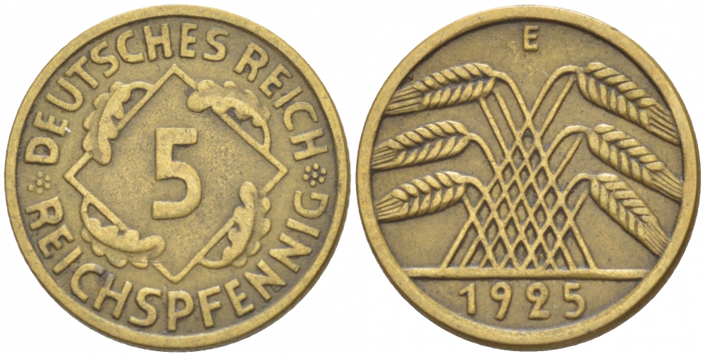ГЕРМАНИЯ 5 РЕЙХСПФЕННИГОВ 1925 E, KM 39, J. 316 алюминиевая бронза 4532-551