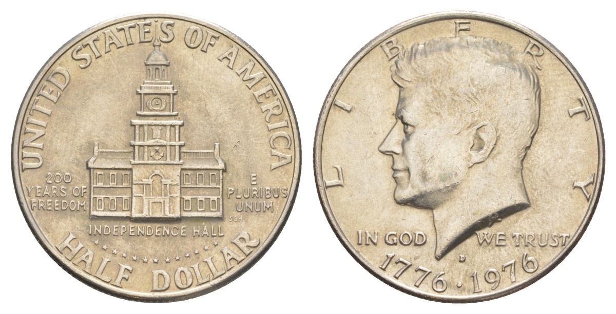 США 1/2 доллара (50 центов) 1976 D, 200 лет независимости, Джон Кеннеди KM 205 медь плакированная медно-никелем aUNC 4545-834