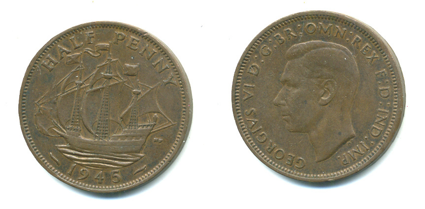 Великобритания 1/2 пенни 1945 Георг VI (1936-1952) KM 844, Spink 4115 бронза 59-725