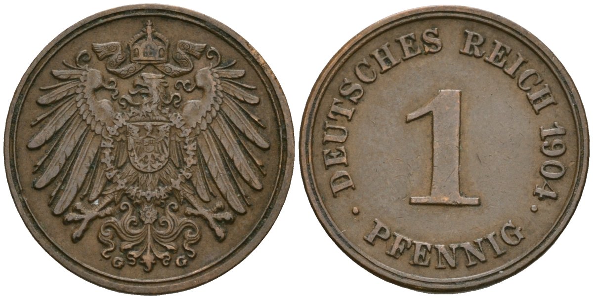 Германия 1 пфенниг 1904 G, Вильгельм II (1888-1918) KM 10, J. 10 медь 4608-236