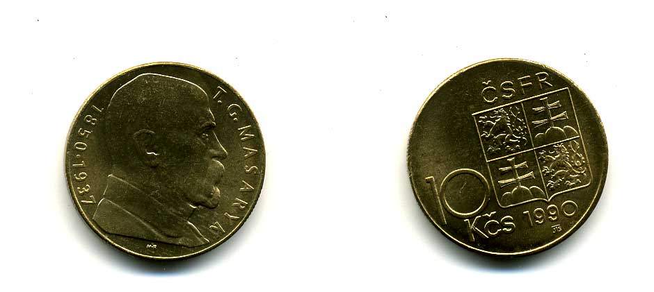 ЧЕШСКАЯ И СЛОВАЦКАЯ ФЕДЕРАТИВНАЯ РЕСПУБЛИКА 10 КРОН 1990 МАСАРИК KM 139.1 никель бронза UNC 176-323
