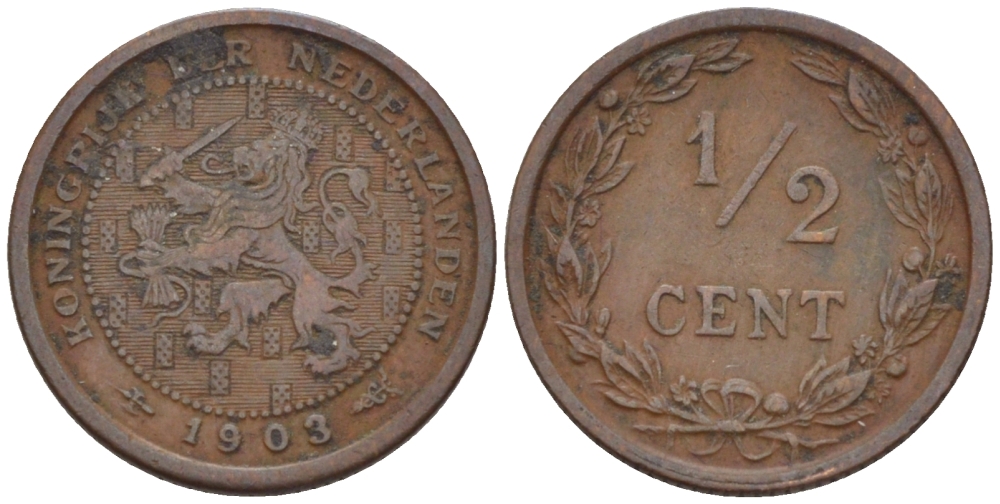 НИДЕРЛАНДЫ 1/2 ЦЕНТА 1903 ВИЛЬГЕЛЬМИНА (1890-1948) KM 133 бронза 39-147
