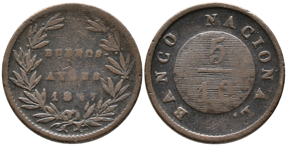 Аргентина, Буэнос-Айрес 5/10 реала 1827 KM 3 медь 32-341