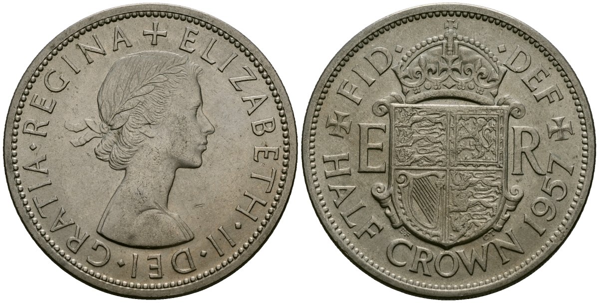 Великобритания 1/2 кроны 1957 Елизавета II (1952-2022) KM 907, Spink 4145 медно-никель 4125-531