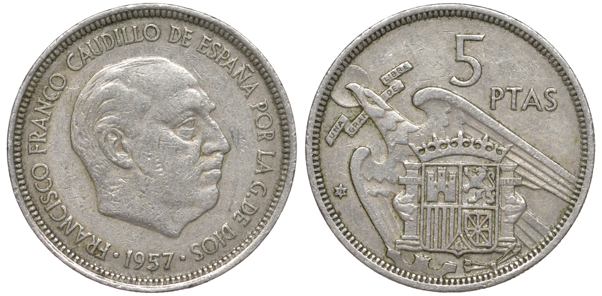 Испания 5 песет 1957 (72) Франсиско Франко (1939-1975) KM 786 медно-никель 4513-943