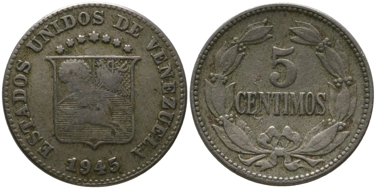 Венесуэла 5 сентимо 1945 KM 29a медно-никель 4576-566