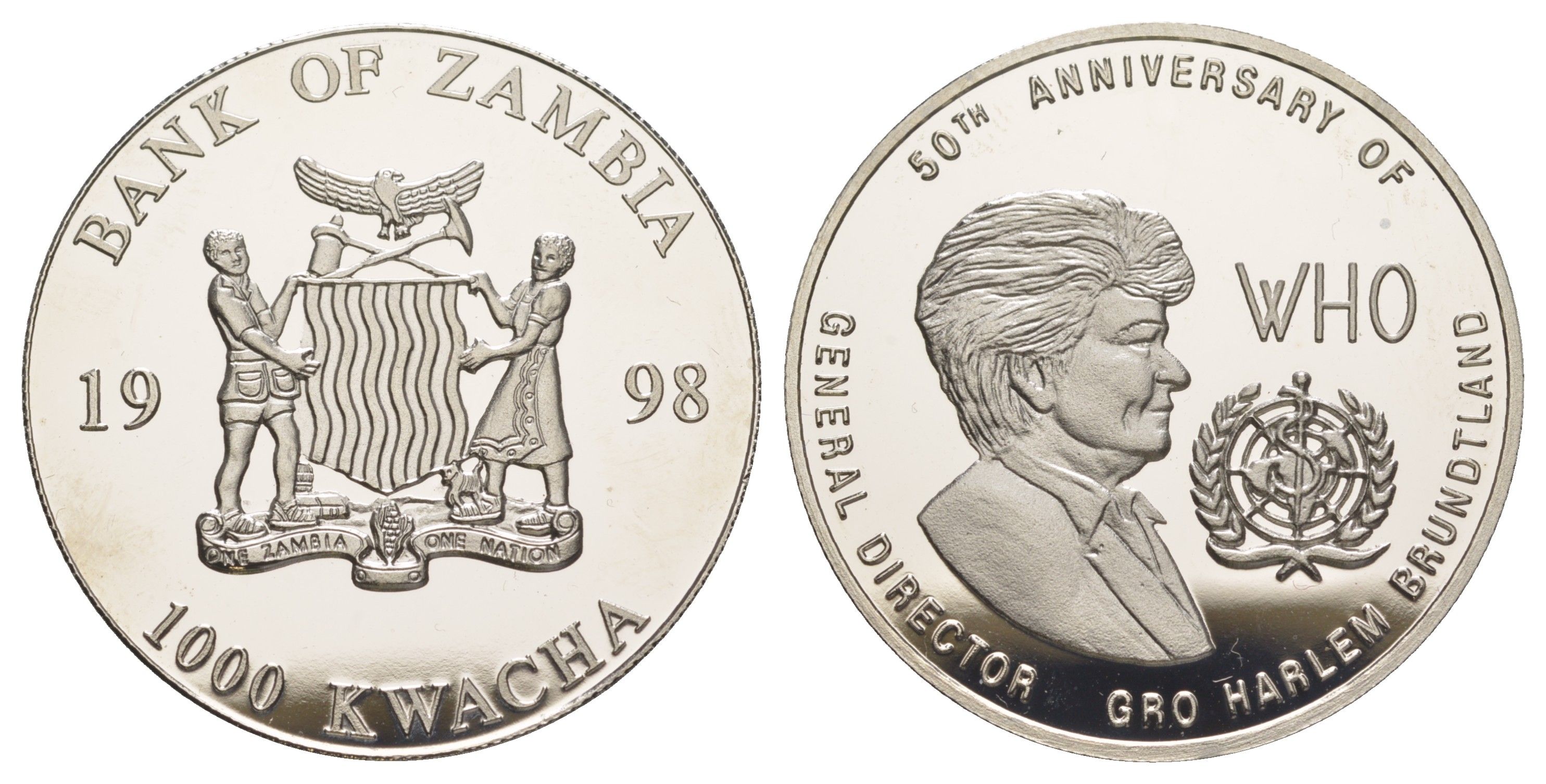 Замбия 1000 квач 1998 50 лет Всемирной организации здравоохранения KM 300 медно-никель BU 603-1434