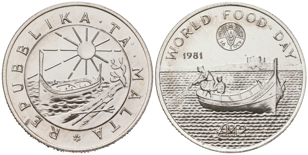 Мальта 2 лиры 1981 Всемирный день продовольствия, в оригинальной упаковке KM 52 серебро BU 4-4-1-06