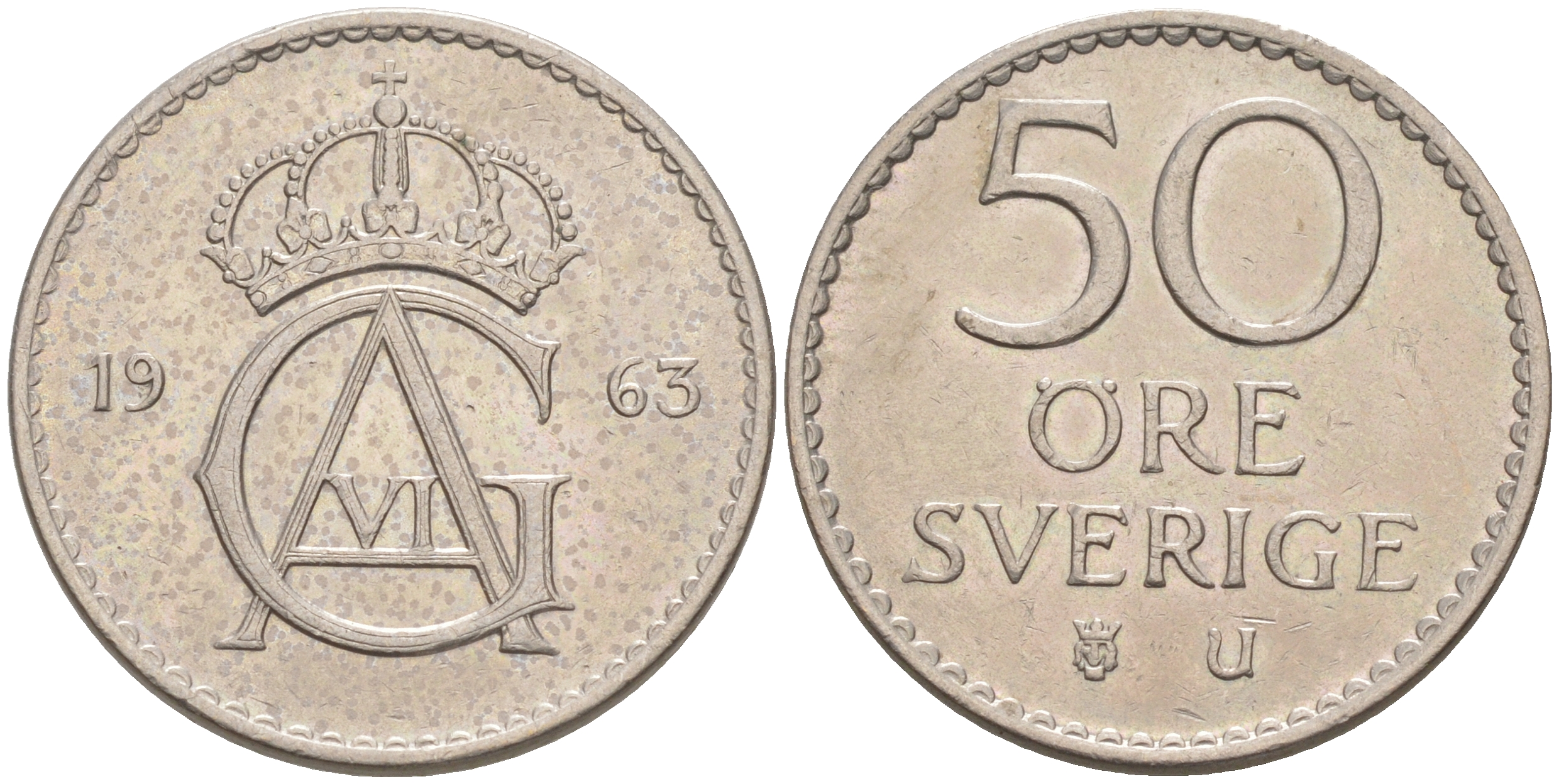 Швеция 50 эре 1963 U, Густав VI Адольф (1950-1973) KM 837 медно-никель UNC 106-356