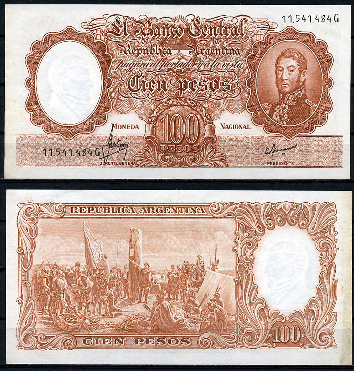 Аргентина 100 песо ND (1967-1969) Генерал Сан Мартин, картина "Основание Буэнос-Айреса", без Ley Pick 277 (2)  бумага  аUNC  444-139-2-2