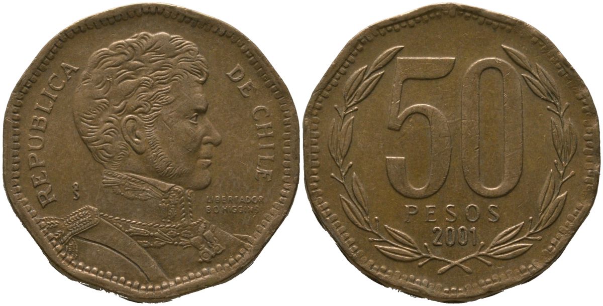 Чили 50 песо 2001 So KM 219.2, Schon 70 алюминиевая бронза 4544-332