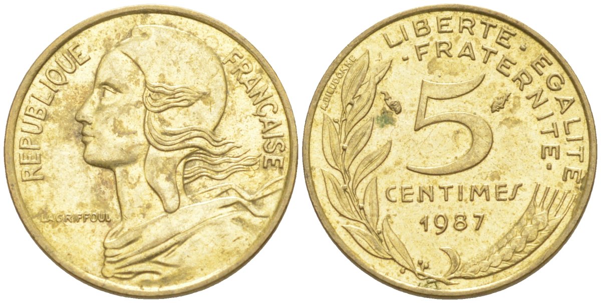 Франция 5 сантимов 1987 тип Marianne KM 933, Le Franc 125.23 медь алюминий никель 187-431