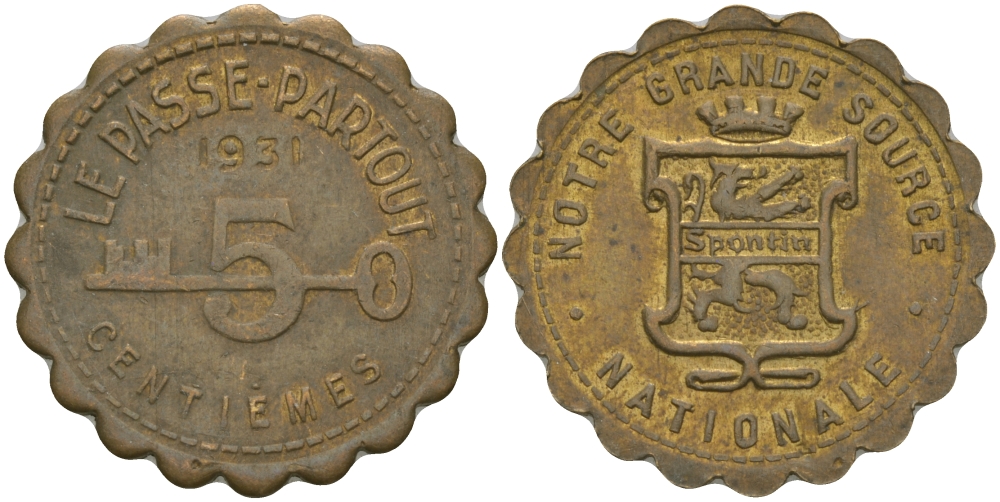 ФРАНЦИЯ 5 САНТИМОВ 1931 ПЛАТЕЖНЫЙ ЖЕТОН, ТОКЕН, НАШ ВЕЛИКИЙ НАЦИОНАЛЬНЫЙ ИСТОЧНИК SPONTIN, ФИГУРНЫЙ КРАЙ, ДИАМЕТР 23 ММ. бронза 98-1023