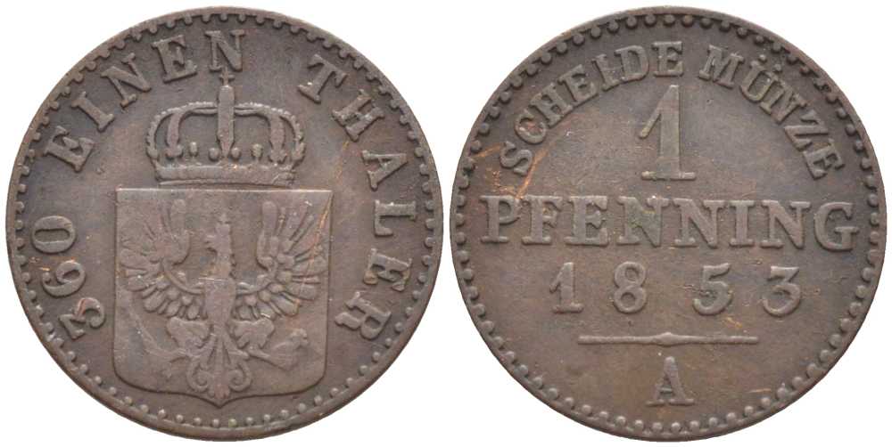 ПРУССИЯ 1 ПФЕННИГ 1853 А, ФРИДРИХ ВИЛЬГЕЛЬМ IV (1840-1861) KM 451 медь 201-534