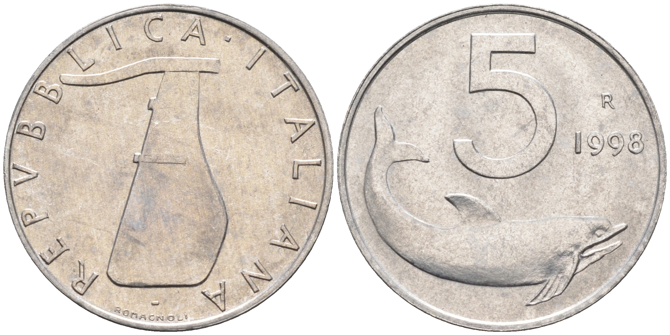 Италия 5 лир 1998 R, дельфин KM 92 алюминий  UNC  4594-764