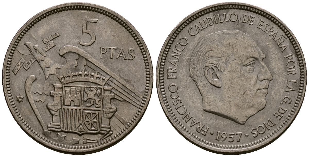 Испания 5 песет 1957 Франсиско Франко (1939-1975) KM 786 медно-никель 4176-441