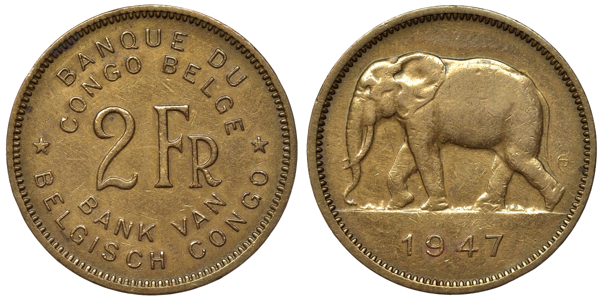 Бельгийское Конго 2 франка 1947 слон KM 28 латунь 4116-637