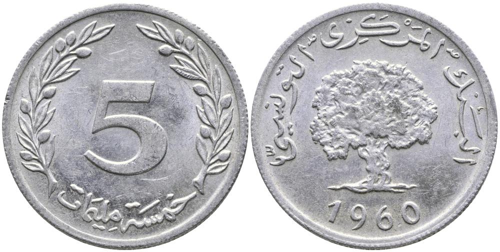 ТУНИС 5 МИЛЛИМОВ 1960 ДУБОВОЕ ДЕРЕВО KM 282 алюминий 3336-823