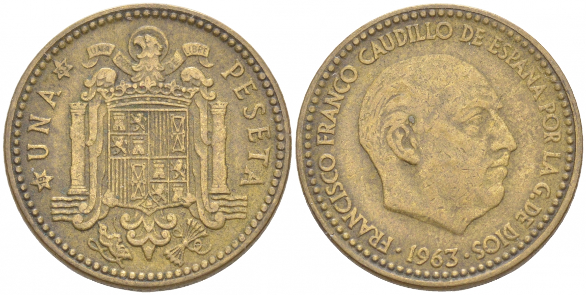 Испания 1 песета 1963 (63) Франсиско Франко (1939-1975) KM 775 алюминиевая бронза 68-143