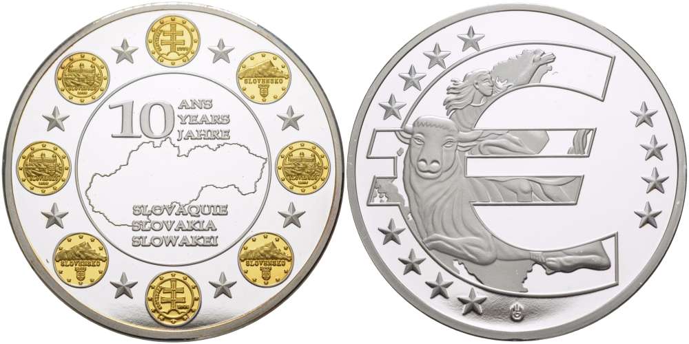 НИДЕРЛАНДЫ МЕДАЛЬ 2012 СЕРИЯ 10 ЛЕТ ЕВРО, СЛОВАКИЯ, СЕРЕБРЕНИЕ, ПОЗОЛОТА, ДИАМЕТР 40 ММ., ПОХИЩЕНИЕ ЕВРОПЫ PROOF 1082-6-54